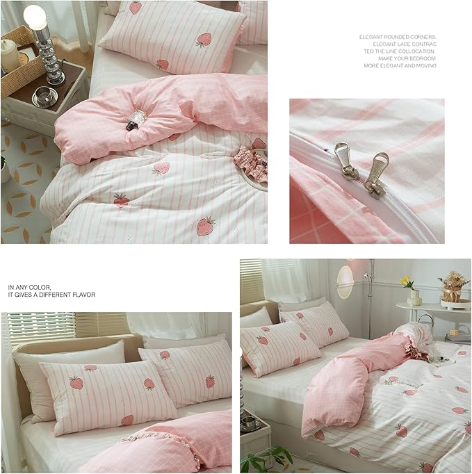 Cute Strawberry Duvet Cover Twin XL Soft 100% Cotton Pink Strawberry Bedding Sets Lightweight Kids Fruit Duvet Cover for Boys Girls Kawaii Bedroom Decor Reversible Pink Plaid Twin XL Bedding Set