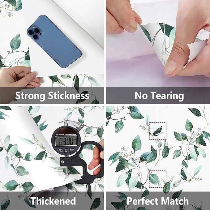 Erfoni Green and White Peel and Stick Wallpaper Floral Contact Paper for Bedroom17.7inch x 78.7inch Eucalyptus Wallpaper Peel and Stick Vintage Flower Decorative Removable Wall Paper Vinyl Roll
