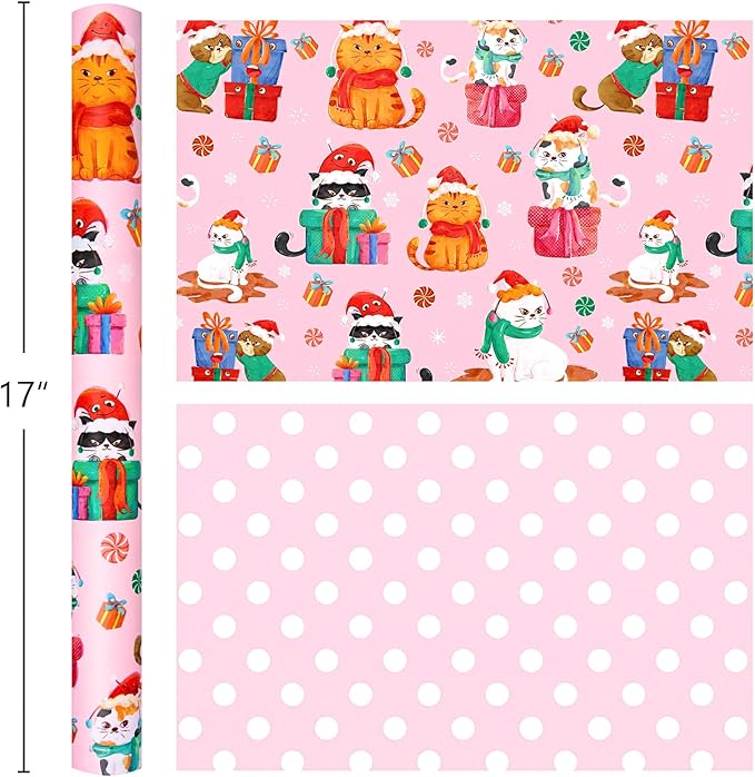 MAYPLUSS Christmas Wrapping Paper Roll - 17 Inch X 33 Feet - Pink Cute Cat Christmas Hat Reversible Polka Dot Gift Wrapping Paper, Thick Wrap Paper for Holiday Party New Year Kids