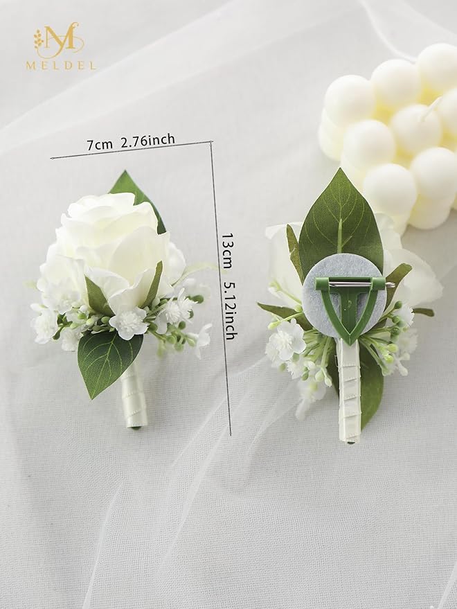 Meldel White Boutonniere for Men Wedding,Set of 6,Groomsmen Groom and Best Man Boutonniere for Wedding Prom, Rose Boutonniere for Men Wedding Ceremony Anniversary Party Homecoming