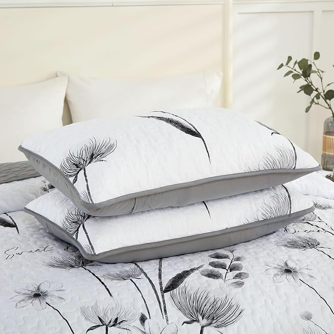 Dinjoy Gray Quilt Set Full Size, Floral Bedspread Set 3 Pieces Reversible Quilted Fall Bedding Set Microfiber Lightweight Bedspread Coverlet Farmhouse Set for Women Girls 78"x90"