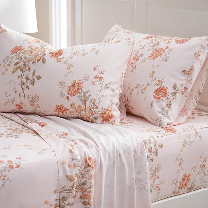 Zusbest Queen Sheet Set 100% Percale Cotton Orange Floral Bed Sheet Set, Brushed for Extra Softness, Luxury Flannel Sheets Like Shabby Vintage Flower Print Deep Pocket Sheets 17.5'' 4 Pcs