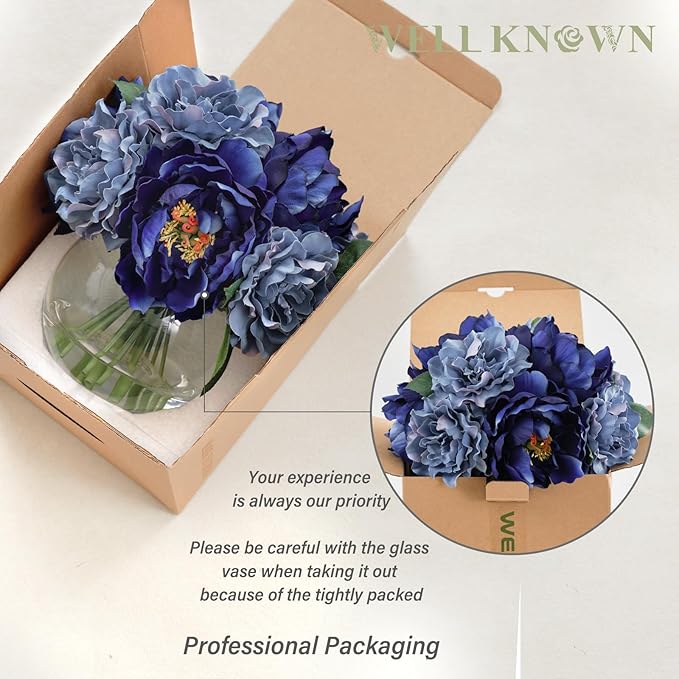 Artificial Flowers in Vase, Artificial Peonies for Vase with Faux Water, Silk Fake Flower Arrangements for Fall Winter Wedding Home Coffee Table Decor Thanksgiving Centerpieces (Blue)