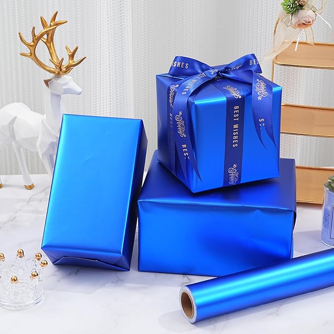ZINTBIAL Metallic Blue Wrapping Paper Roll with Cut Lines - Solid Blue Holiday Gift Wrap for Graduation, Christmas, Birthdays, Baby Shower, Wedding - 17.5 in x 33 ft (48 sq. ft), Easy to Cut