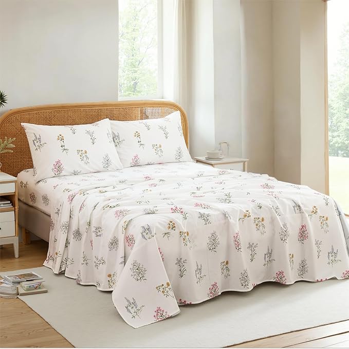 100% Cotton Sheet Set King Size – 4-Piece Chic Garden Floral White Bedding Set, Soft Breathable Percale Weave, Deep Pocket Fitted Sheet 17.5", Crisp Cool Feel, Refined Botanical Elegance