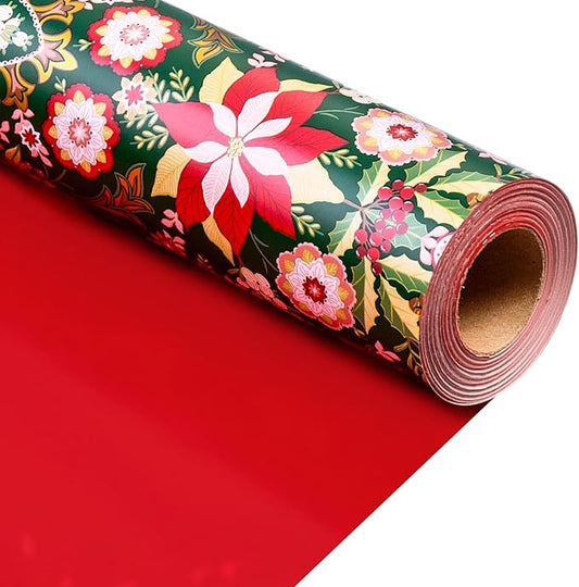 MAYPLUSS Christmas Wrapping Paper Roll - 17IN X 33FT - Vintage Gift Wrapping Paper Featuring Christmas Flower Against Green Reversible Red for Kids, Holiday, New Year