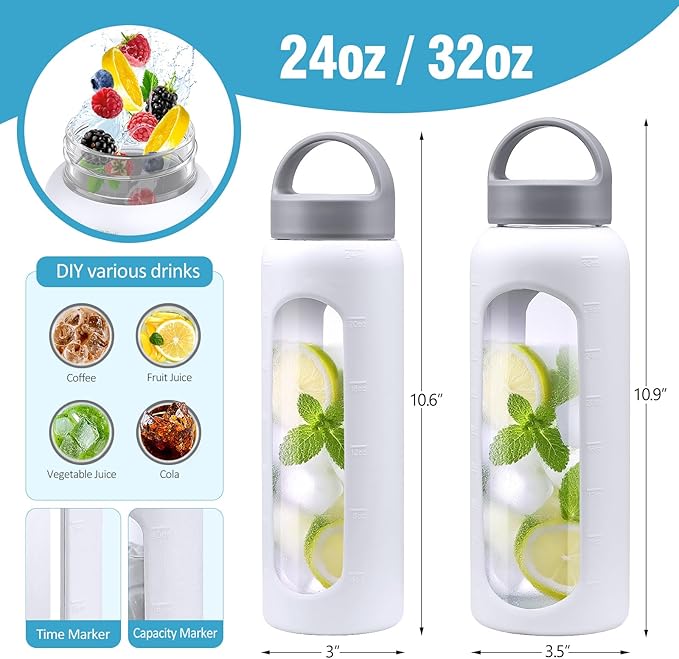 24 oz Glass Water Bottle, Glass Tumbler with Straw, Reusable Drinking Bottles with 2 Lids-Handle Lid&Bamboo Straw Lid, Silicone Sleeve, for Sports, Home,1 Pack-White