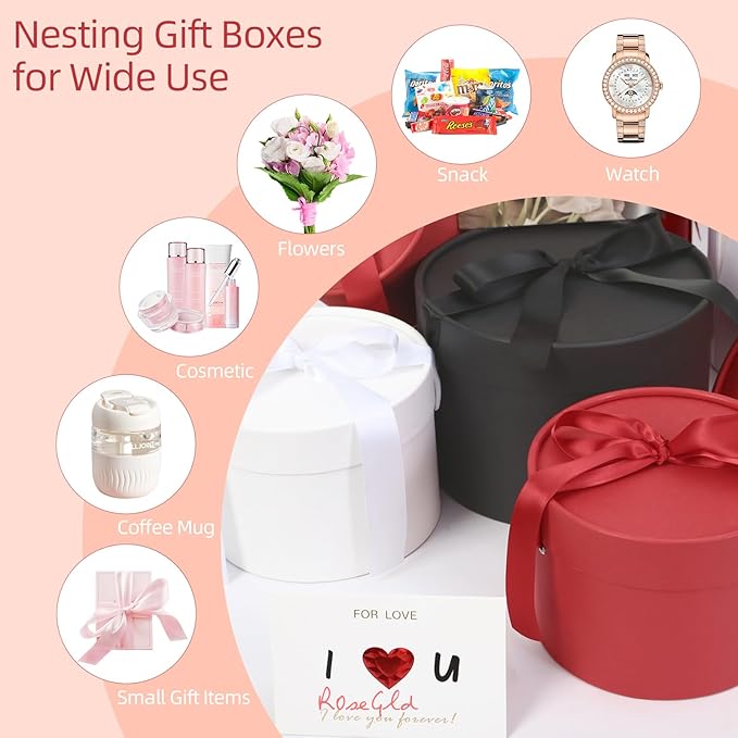 ROSEGLD Round Gift Boxes with Lids Set of 4, Luxury Gift Boxes with Ribbons Assorted Sizes, Nesting Gifts Boxes for Flowers Arrangements, Wedding, Party (Matte Red)
