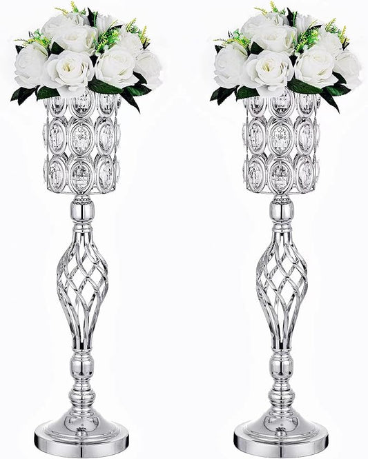 24in Metal Diamond Crystal Wedding Centerpiece Vases for Tables Set of 2, Silver Versatile Tall Flower Holders Centerpiece Flower Stands for Wedding Party Reception Home Décor