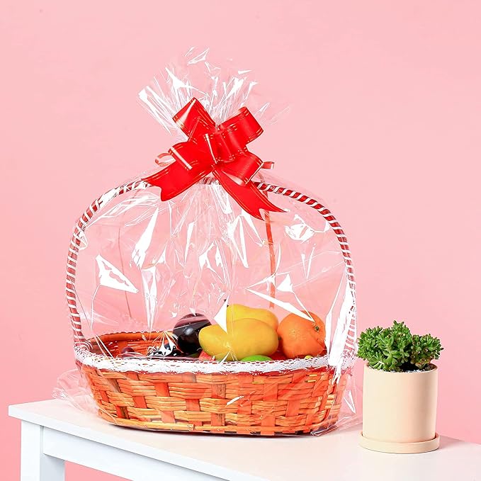 100 Packs 32 x 40 inhces Extra-large Gift Wrap Cellophane Bags for Basket Jumbo Clear Cellophane Wraps Clear Huge Cello Bags for Basket, Gift, Christmas Tree, Treat, Art and Craft, 100ct Red Ribbon Bows
