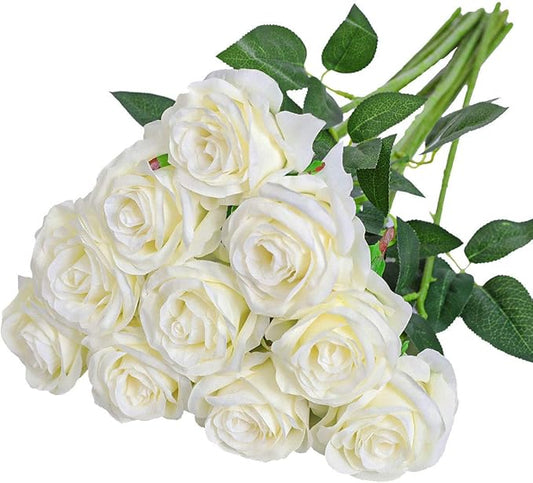 Nubry Artificial Silk Rose Flower Bouquet Lifelike White Fake Rose for Wedding Home Party Decoration Event Gift 10pcs (Off White)