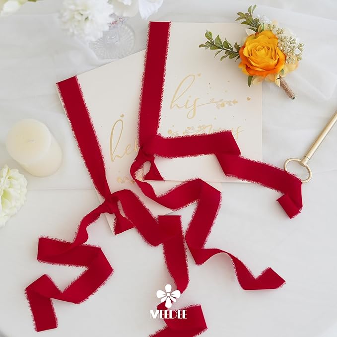 MEEDEE Red Chiffon Ribbon 1 Inch Frayed Ribbons Chiffon Silk Red Fringe Ribbons Thin Chiffon Ribbon for Crafts, Gift Wrapping, Wedding Invitation (3 Rolls 21 Yards)