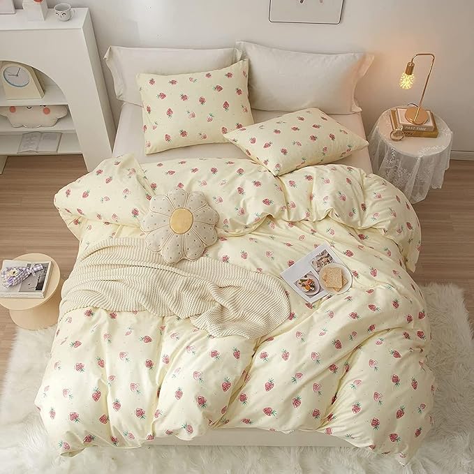 Kawaii Kids Strawberry Bedding Sets - Twin Duvet Cover & 2 Pillowcases, Soft 100% Cotton Comforter, Cream White