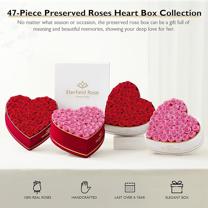 Eterfield Forever Flowers in Heart Shape Box, Preserved Roses That Last a Year Preserved Flowers Birthday for Her Mom Women Wife Valentine's Day Mother's Day (47 Roses, Pink)