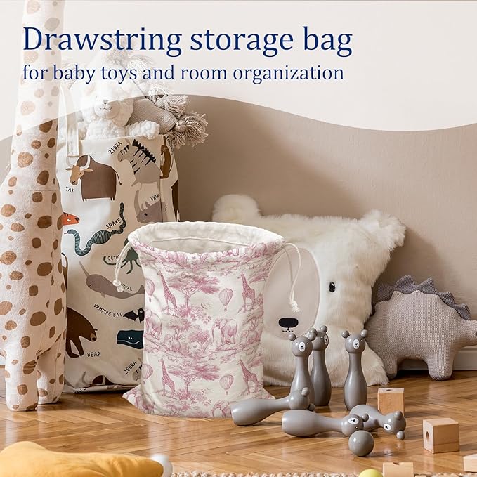 DSHFG Light Pink Drawstring Birthday Gift Bags, Safari Toile Chinoiserie Animals Baby Shower Drawstring Gift Bags Canvas, Pink and White Small Happy Birthday Bag, Gifts for Women, 10x13 Inch