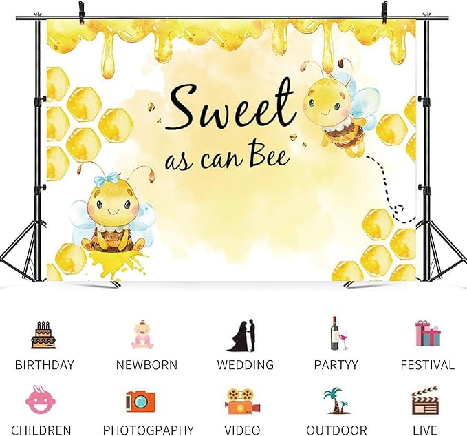 10x6.5ft Baby Shower Backdrop Sweet as Can Bee Photography Background Honeycomb Honey Yellow Bumblebee Boys Girls Kids Birthday Party Banner Decorations Newborn Gender Reveal Photo Booth Prop