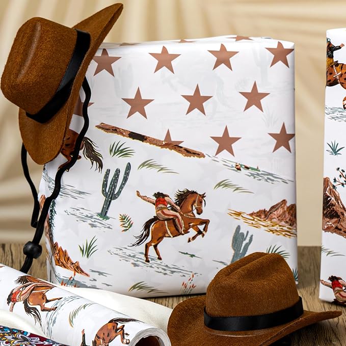 Homeral Reversible Cowboy Wrapping Paper Roll - 17In x 16.5Ft Western Gift Wrap with Rodeo Horse and Star Pattern for Boys Birthday, Fathers Day, Bachelor Party, Christmas, Farm Theme, Holiday