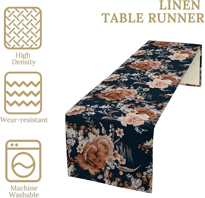 Vintage Flower Table Runner, Boho Black Dark Floral Plant Bohemian Watercolor Spring Garden Botanical Art Table Cover for Holiday Farmhouse Kitchen Dining Table Decor, 13x70inch