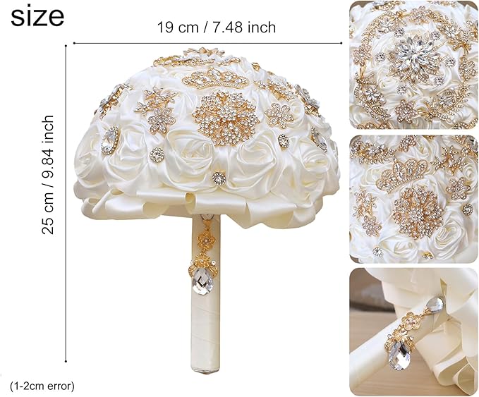 Handmade Satin Rose Floral Bling Pearl Decor Bridal Wedding Bouquet Rhinestone Pendant Artificial Brooch Flowers for Bride Bridesmaid Quinceanera