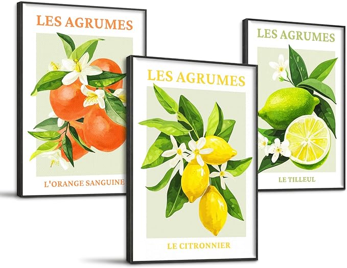 SERIMINO Fruit Botanical Wall Art for Kitchen, Lemon Prints Framed Canvas Wall Decor for Floral Dining Room Farmhouse, Watercolor Paintings Room Decor Aesthetic 3 Piece Set, 12"X16"