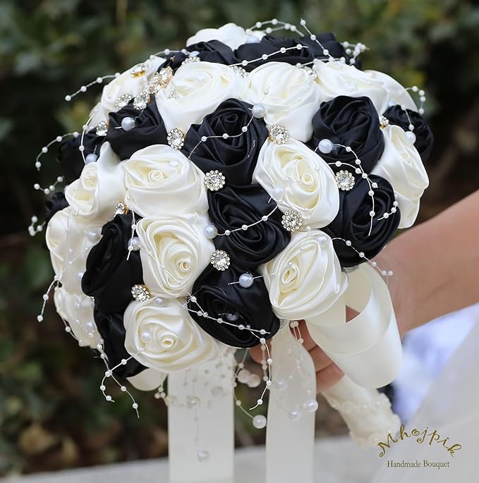 Bridal Wedding Bouquet Round Bling Brooch Bouquet Throw Toss Artificial Rose Flower Bunch for Bride Bridesmaid Wedding Quinceanera(Black & Ivory, 7.5")