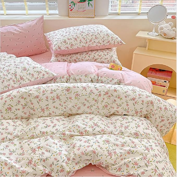 Vintage Style Pink Floral Duvet Cover King Cotton Garden Flower Duvet Cover Boho Cottagecore Bedding Set Chic Botanical Duvet Cover with 2 Pillowcases White Floral Comforter Cover King Bedding Set