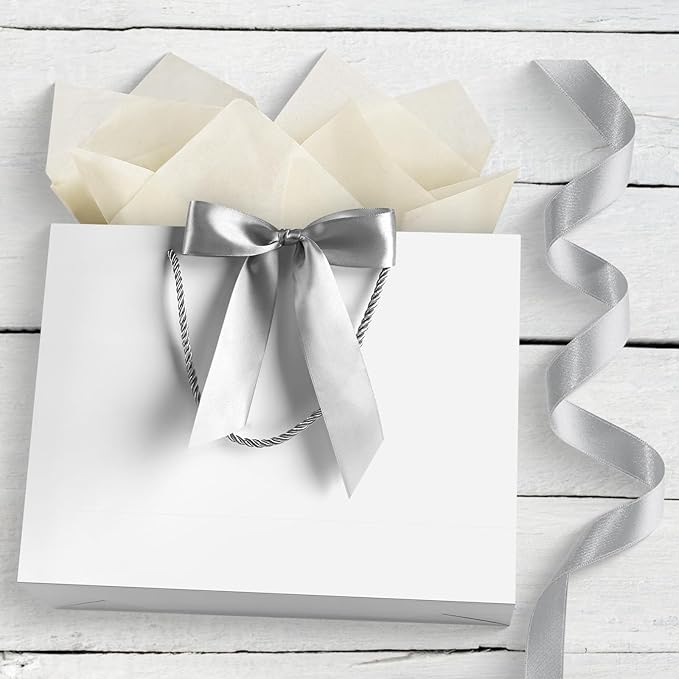 JMANNI Gift Bags, 2Pcs Paper Gift Bag with 4 Tissue Papers and 2 Cards, Present Bags with Handles for Women Girls Bridesmaid Birthday Valentines Wedding Party, White