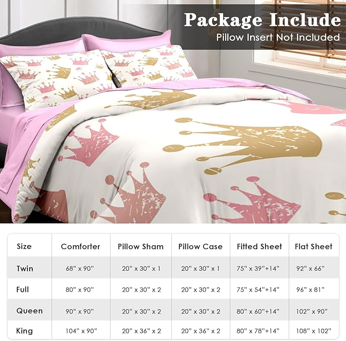 Comforter Set Full Size, Cute Kids Crown 7 Pcs Bedding for Kids and Adults, Pink Princess Girls Bed Sheet Sets with Fitted Sheet 2 Pillowcase & 2 Sham for Bedroom Bed Decor
