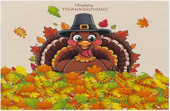 Thanksgiving Leaf Turkey Placemats Set of 6 PVC Vinyl Non Slip Table Mats Heat Resistant Place Mats Washable Wipeable Dining Table Mat for Kitchen Decor Party Indoor Outdoor Decorative Gift