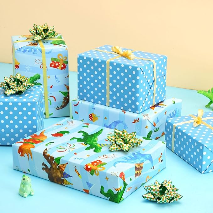 WERNNSAI Dinosaur Birthday Wrapping Paper Roll - 1 Roll 17”x 16.4 ft Blue Dinosaur Wrapping Paper for Boys Birthday Gift Packing Supply Baby Dino Decor Favor