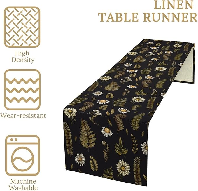 Vintage Daisy Flower Table Runner, Rustic Forest Green Plants Leaves Wild Floral Ferns Print Holiday Kitchen Dining Coffee Table Decoration for Home Indoor Outdoor Party, 13x60inch