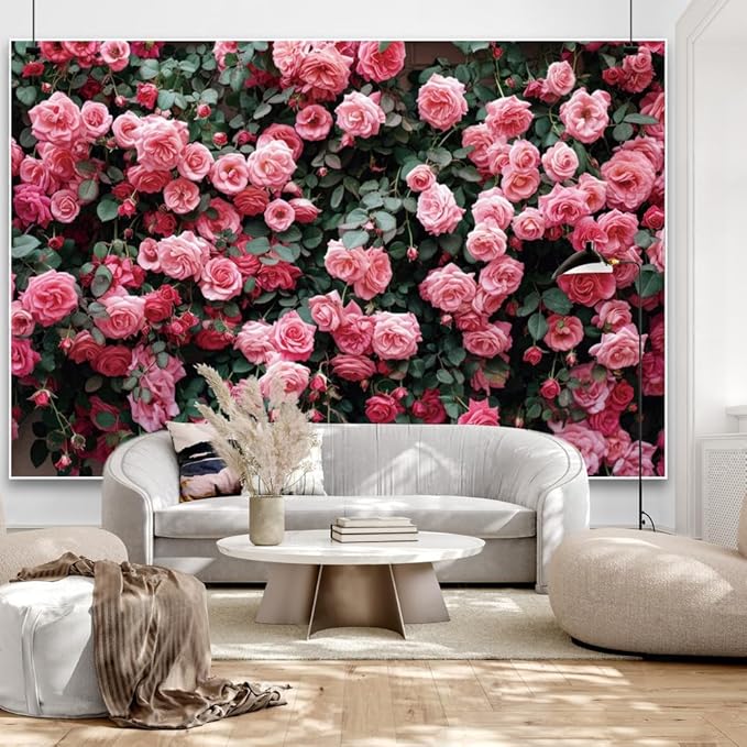 8x6ft Pink Rose Wall Backdrop Big Flower Wedding Romantic Green Leaves Photography Background Couple Family Tea Party Birthday Bridal Shower Valentine's Day Anniversary Ceremony Cake Table