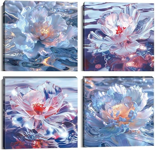 Pankila Abstract Canvas Flowers Wall Art Floral Poster White Red Flower Wall Decor Life Pictures for Living Room Bedroom Bathroom Home Decorations Framed Artwork Ready to Hang (24''W x 24''H x 4)