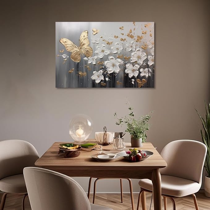 KPLUNDO Glod Butterfly Wall Art White Flower Canvas Prints Wall Decor Gray Poster Landscape Picture Modern Artwork Home Decor for Office Living Room Bedroom Bathroom Decoration(Art-1,20.00x30.00 inch)