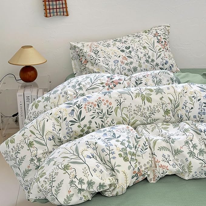 EAVD Vintage Style Garden Floral Duvet Cover Queen Soft Cotton Chic Shabby Colorful Leaves Floral Bedding Set with 2 Pillowcases Fresh Botanical Duvet Cover with Zipper Closure