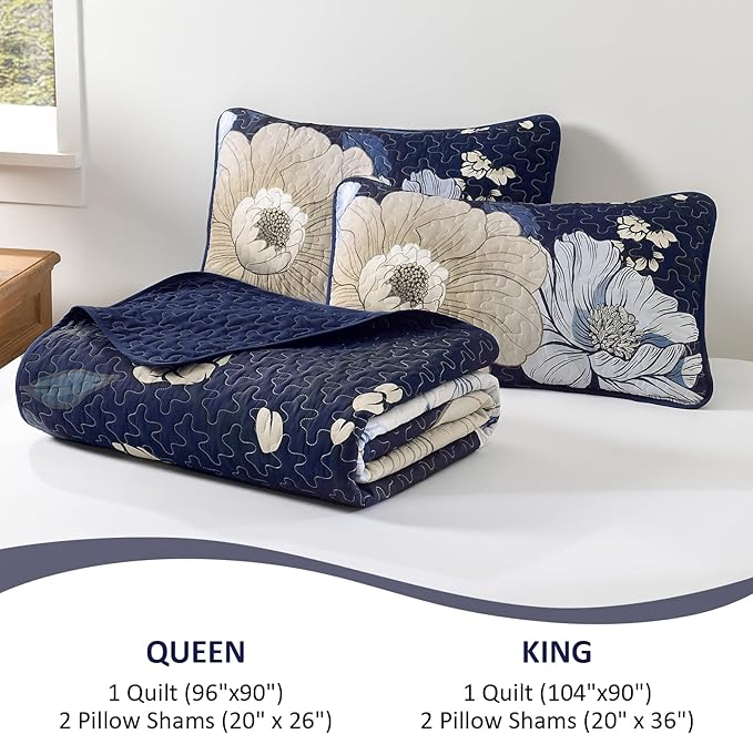 Dintszyayue Blue Quilt Set Queen,3 Pieces Floral Bedspreads Lightweight Coverlet Set for All Seasons, Reversible Quilted Printed Bedding Set with 2 Pillow Shams