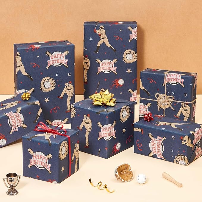WERNNSAI Baseball Kraft Wrapping Paper - 1 Roll 17”x 16.4ft Sports Birthday Wrapping Paper Blue Gift Wrap for Men Boys Birthday Present Packing Decoration Player Gloves Ball Design