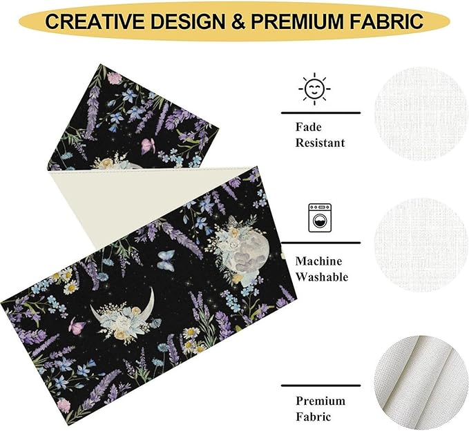 Boho Floral Table Runner, Spring Gothic Moon Phase Wildflower Mystical Witchy Farmhouse Coffee Table Center Decor for Home Kitchen Dining Patio Holiday Party Table Decorations 13x36 inches