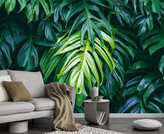 Green Banana Leaves Wallpaper Mural Tropical Jungle Botanical Monsteras Wallpaper for Living Room Bedroom(Not Self-Adhesive)