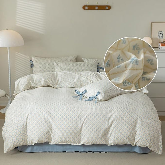 Blue Floral Duvet Cover Twin XL Garden Style Soft Cotton Floral Bedding Comforter Cover Plaid Grid Design Vintage Blue Flower Duvet Cover with 2 Bowknot Pillowcases Botanical Cottagecore Bedding Sets