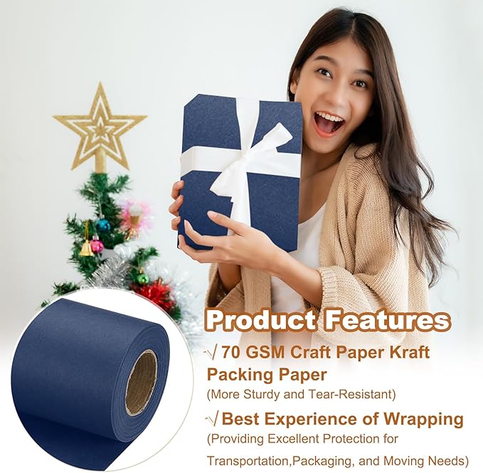 PATIKIL Wrapping Paper, 17" x 450"(37') 70 GSM Craft Paper Roll Kraft Packing Paper for Poster Bulletin Board, Gift Wrapping, Navy Blue