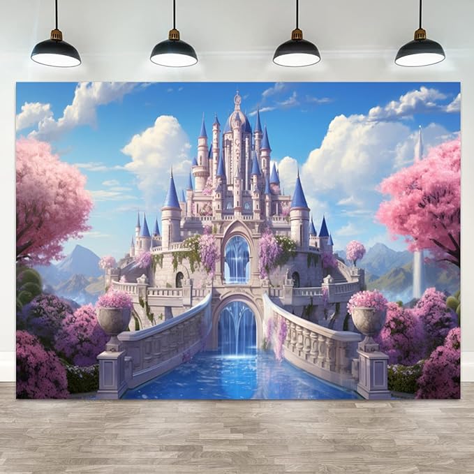 10x7ft Princess Castle Backdrop Pink Floral Blue Sky Photography Background White Cloud Forest Mountain Girls Birthday Baby Shower Banner Decorations Wedding Party Portrait Photo Booth Prop