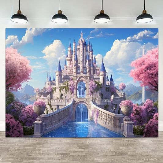 9x6ft Princess Castle Backdrop Pink Floral Blue Sky Photography Background White Cloud Forest Mountain Girls Birthday Baby Shower Banner Decorations Wedding Party Portrait Photo Booth Prop