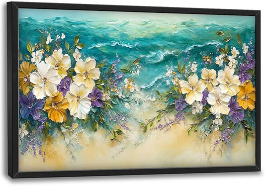 Beach Floral Large Wall Art Coastal Flower Pictures Wall Decor Summer Canvas Seascape Print Painting Modern Artwork Home Decoration for Living Room Bathroom Bedroom Office Framed 36"x24"