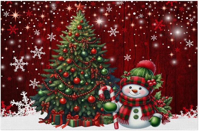 Xmas Christmas Tree Snowman Red Placemats Set of 4 PVC Vinyl Non Slip Table Mats Heat Resistant Place Mats Washable Wipeable Dining Table Mat for Kitchen Decor Party Indoor Outdoor Decorative Gift