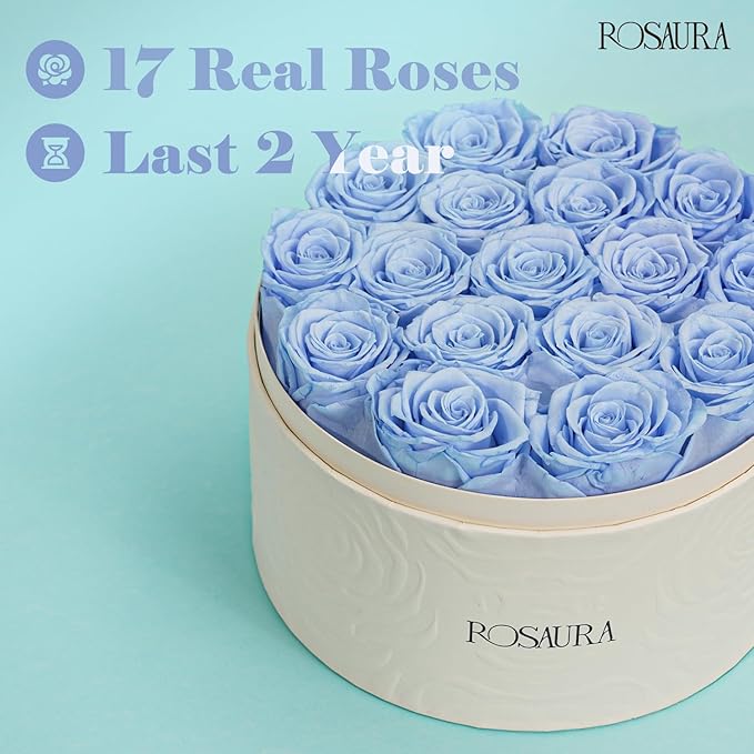 Rosaura Round Preserved Roses Gift Box - Real Forever Flowers for Birthday, Valentine's & Mother's Day (Sky Blue, 17 Roses)