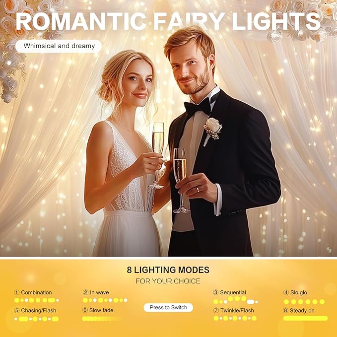 Tulle Curtain Backdrop with 300 LED Fairy Lights for Parites Wrinkle-Free Sheer Curtain Drapes Photo Back Drop for Wedding Baby Shower Bridal Shower Birthday Dance Home Décor- 10ft×10ft, White