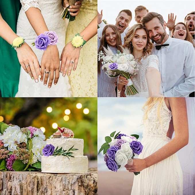 JOYLEX Artificial Flowers Realistic Roses, 50pcs Real Looking Fake Roses with Stem for DIY Wedding Bouquets Centerpieces Bridal Shower Party Home Romantic Decorations (50pcs, Shades of Purple)