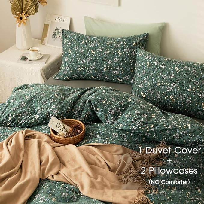 EAVD Vintage Style Floral Duvet Cover Twin Soft Jersey Knit Cotton Chic Floral Bedding Set for Girls Women Reversible Green Floral Comforter Set with Zipper Closure 4 Ties