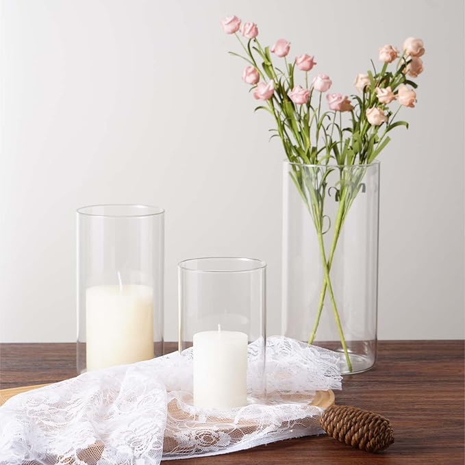 Hurricane Glass Candle Holder Clear Cylinder Vases, Pillar Candle Holders for Floating Candles Table Centerpiece Modern Vases for Weeding Centerpieces Decoration Party Home Decor (1 Set, S+M+L)